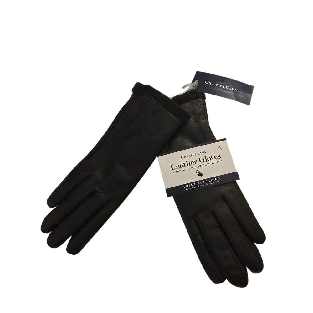 Charter Club Womens Black Leather Touchscreen Gloves Faux Fur Trim Small NWT